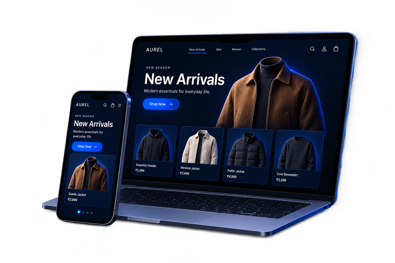 Ecommerce development laptop and mobile storefront